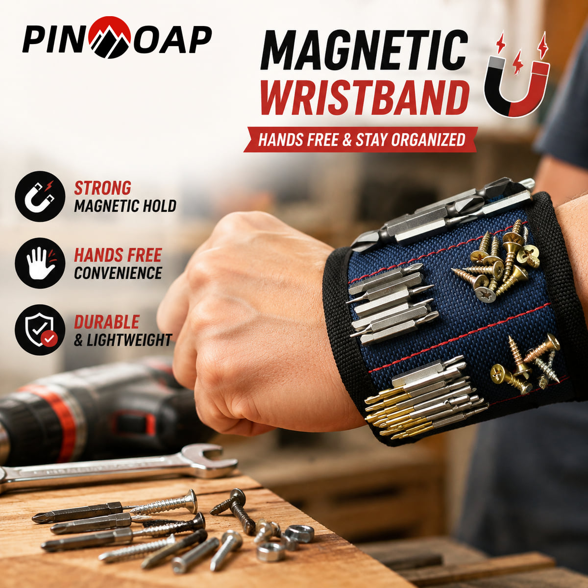 Mini Workshop Tools - Braccialetto magnetico per utensili PINMOAP, regolabile,